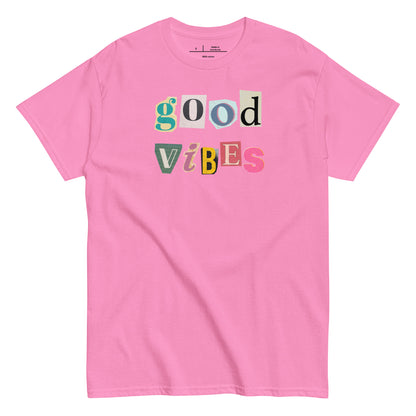 Pink t-shirt with 'good vibes' text in colorful letters on a white background