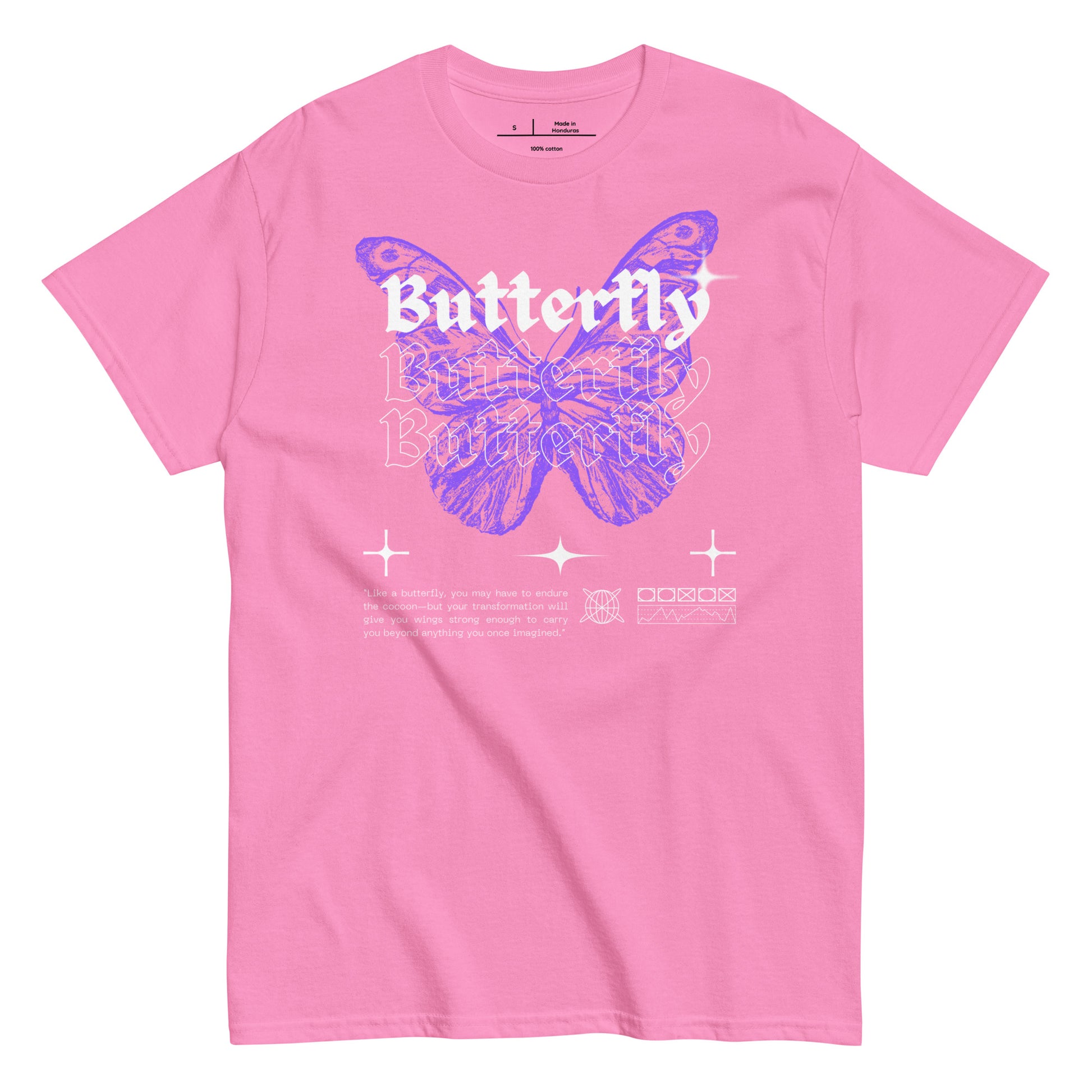 Pink t-shirt with a purple butterfly graphic and text on a white background