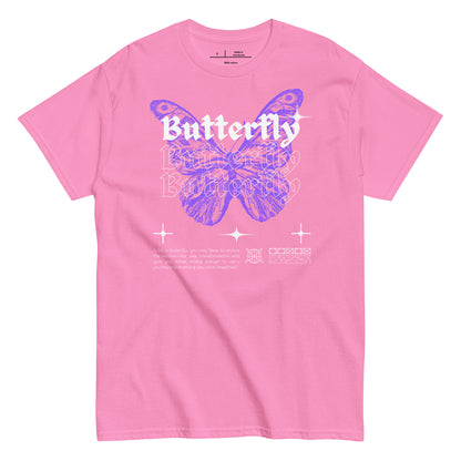 Pink t-shirt with a purple butterfly graphic and text on a white background