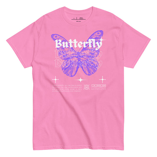Pink t-shirt with a purple butterfly graphic and text on a white background