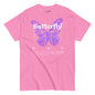 Pink t-shirt with a purple butterfly graphic and text on a white background