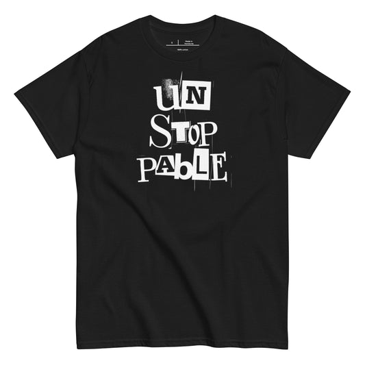 Black t-shirt with 'UNSTOPPABLE' text design on a white background