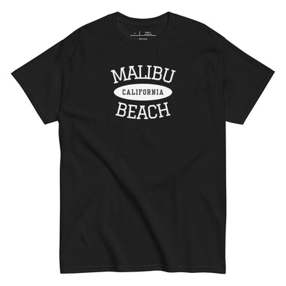 Black t-shirt with 'Malibu California Beach' text on a white background