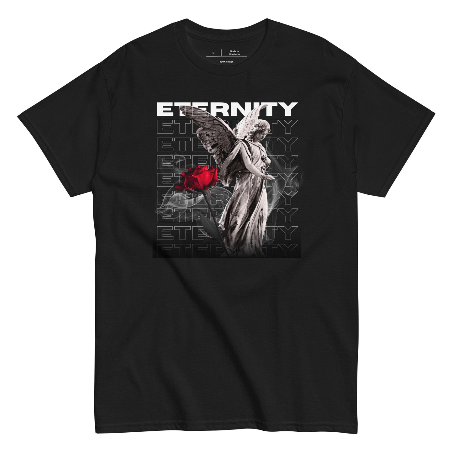 Black t-shirt with an angel holding a red rose and 'Eternity' text design on a white background