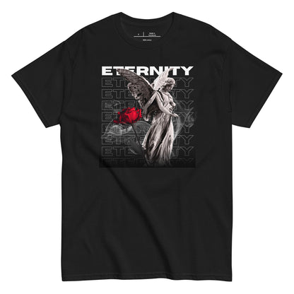 Black t-shirt with an angel holding a red rose and 'Eternity' text design on a white background