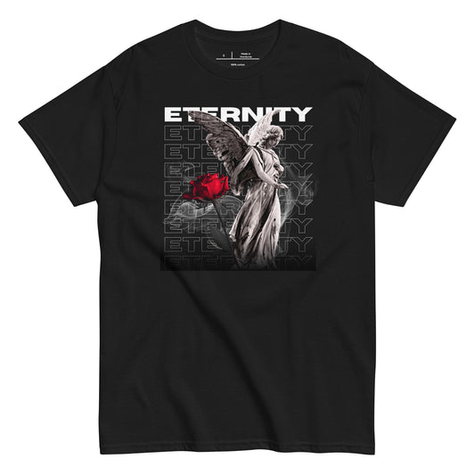 Black t-shirt with an angel holding a red rose and 'Eternity' text design on a white background