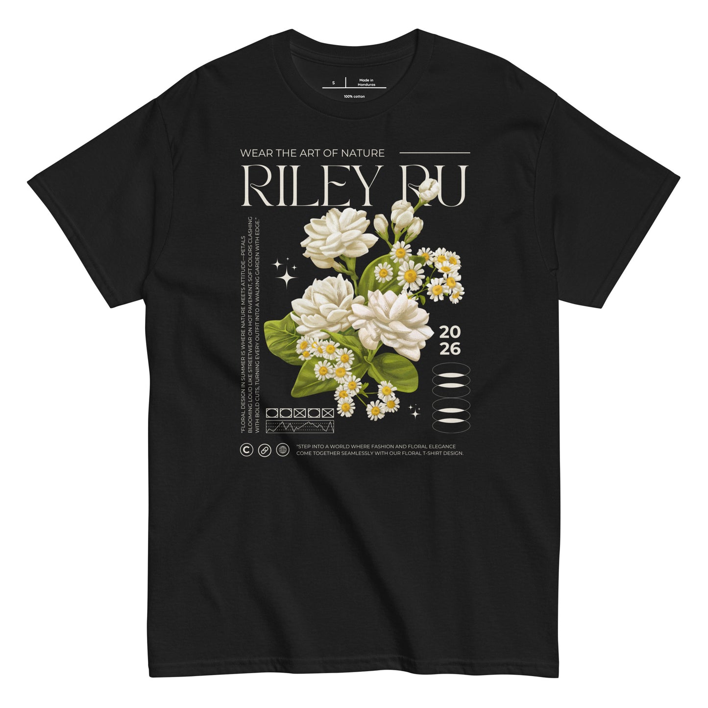 Black t-shirt with floral design and 'Riley Ru' branding on a white background