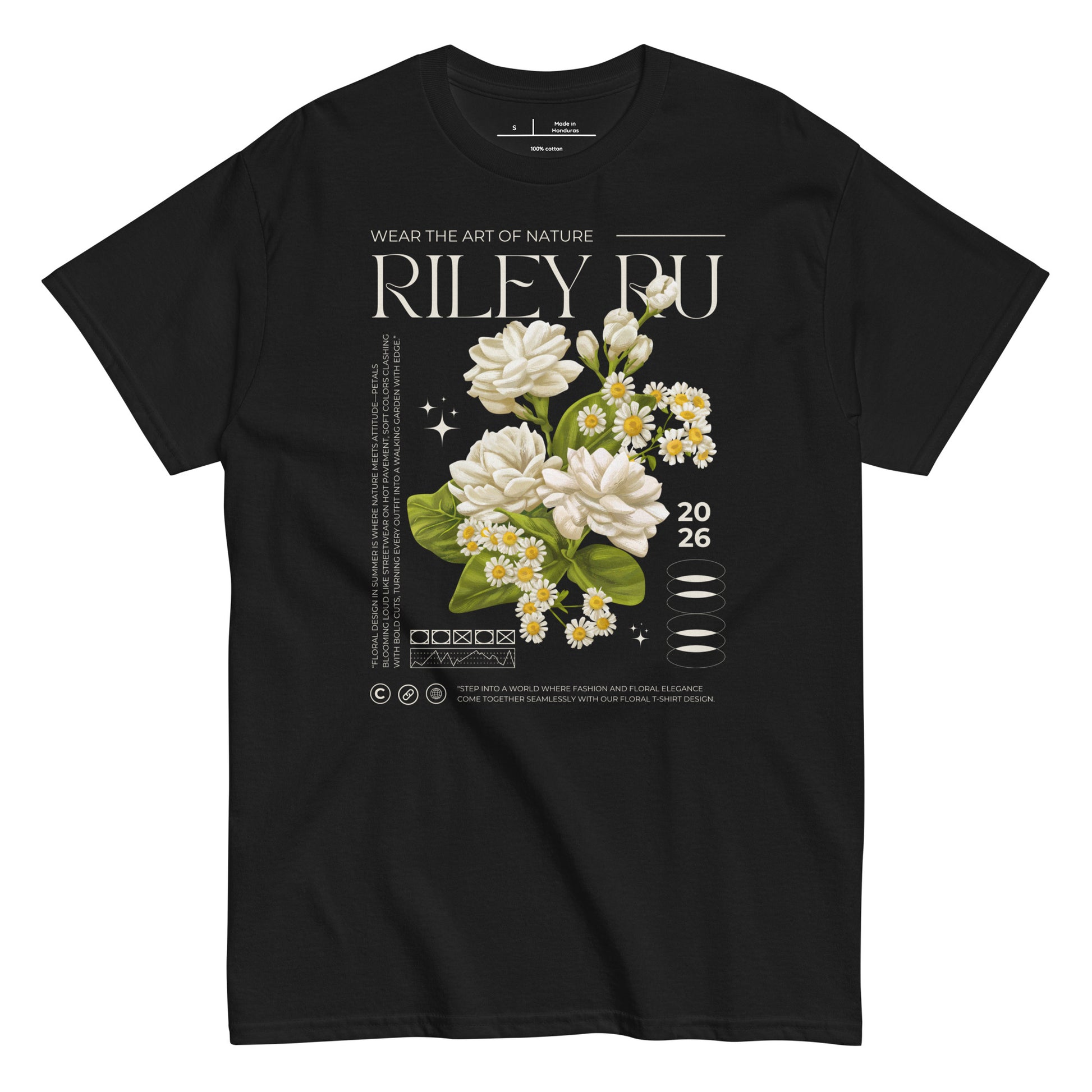 Black t-shirt with floral design and 'Riley Ru' branding on a white background