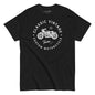 Black t-shirt with a graphic of a tent and text 'My weekends are in tents' on a white background