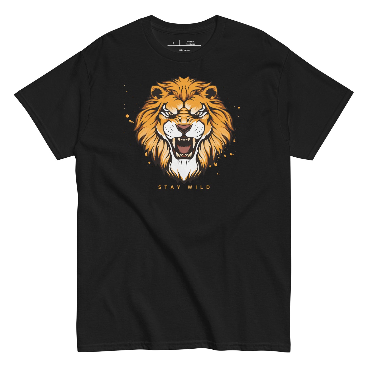 Black t-shirt with a lion graphic and 'Stay Wild' text on a white background
