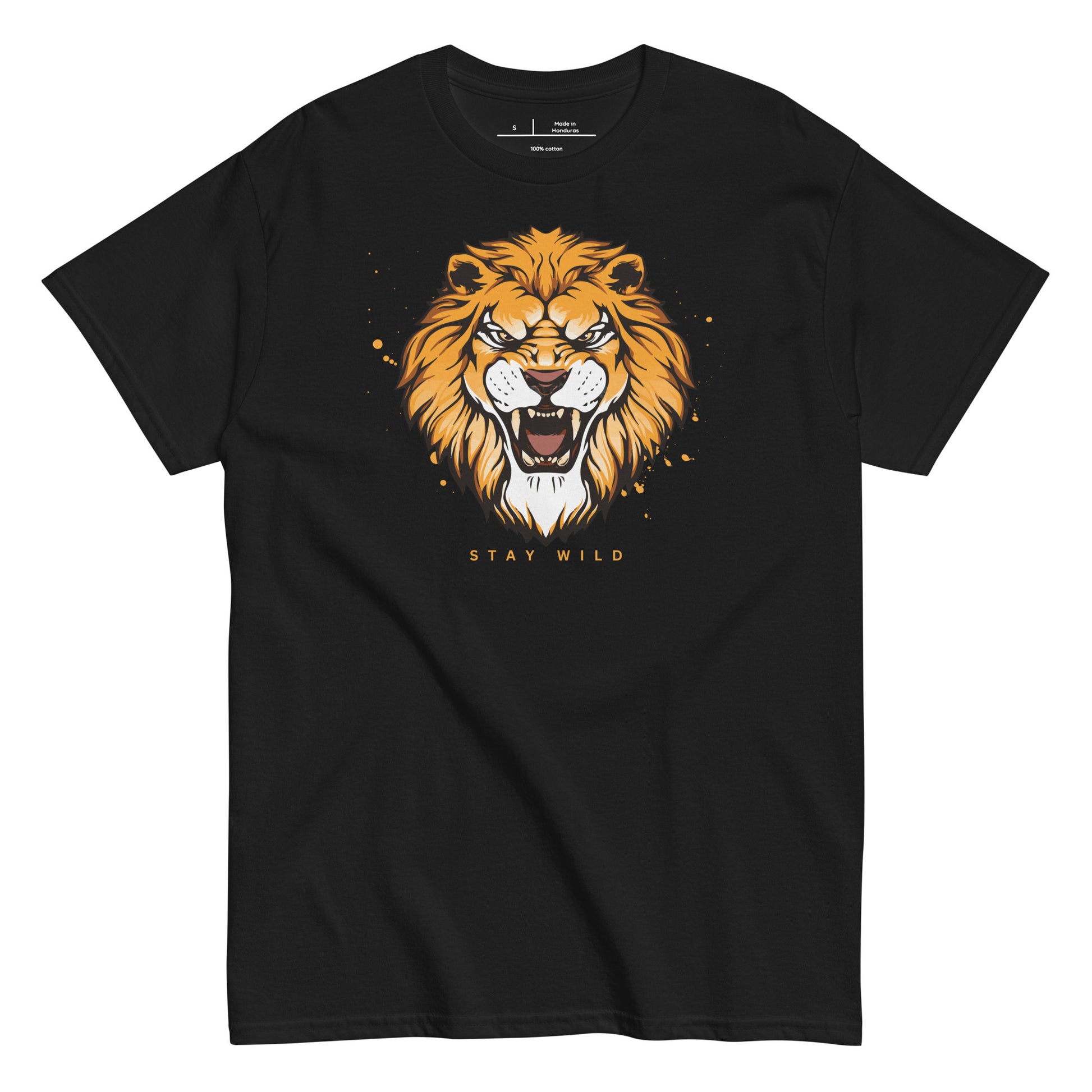 Black t-shirt with a lion graphic and 'Stay Wild' text on a white background