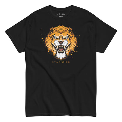 Black t-shirt with a lion graphic and 'Stay Wild' text on a white background