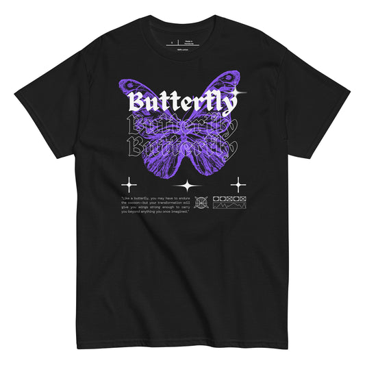 Black t-shirt with a purple butterfly design and text on a white background