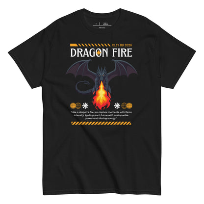 Black t-shirt with dragon graphic and text on a white background