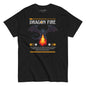 Black t-shirt with dragon graphic and text on a white background
