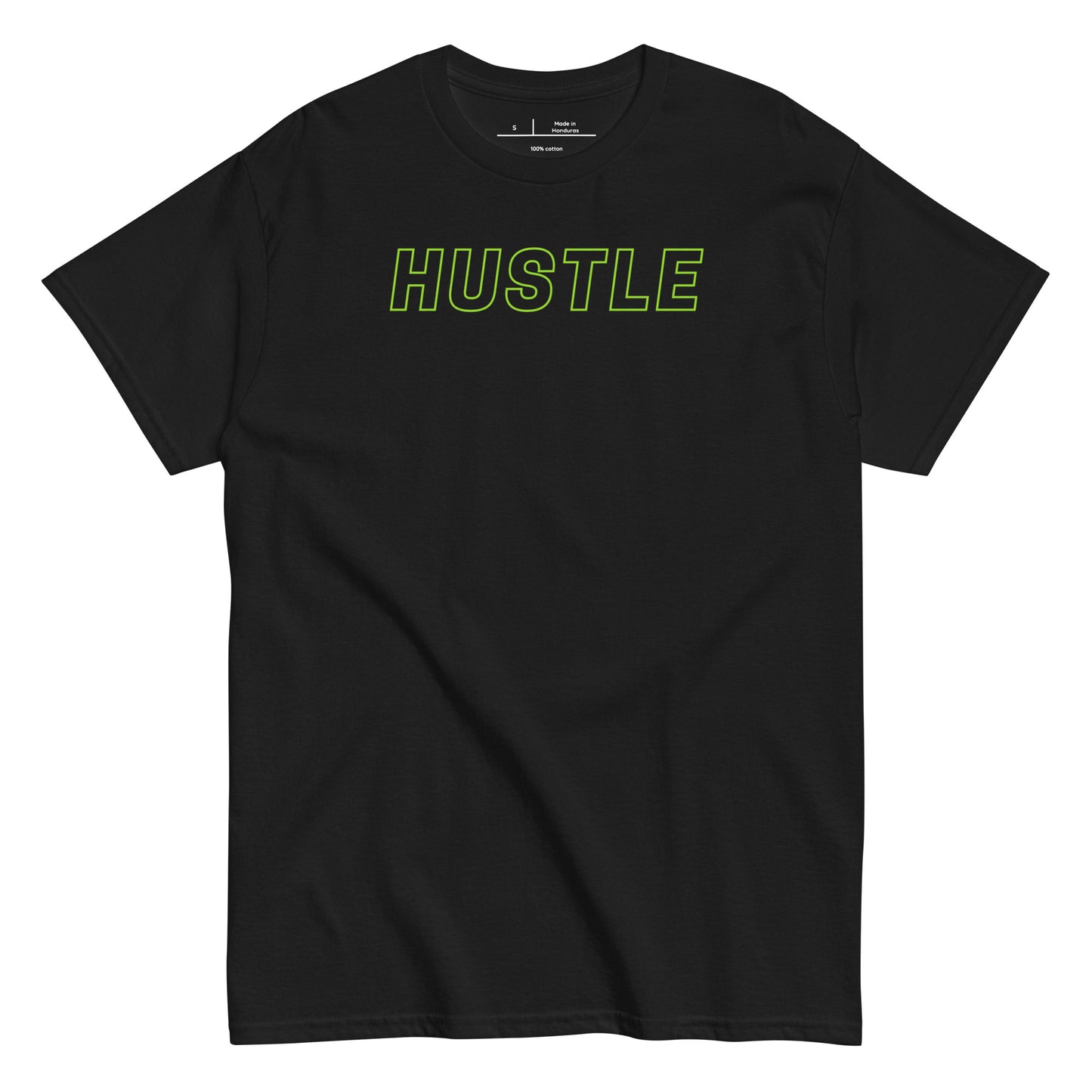 Black t-shirt with a small graphic and text on a white background