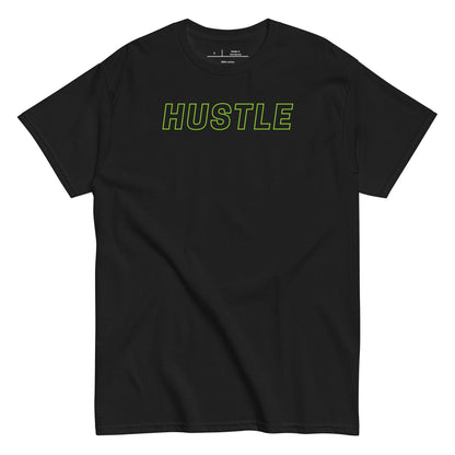 Black t-shirt with a small graphic and text on a white background