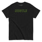 Black t-shirt with a small graphic and text on a white background
