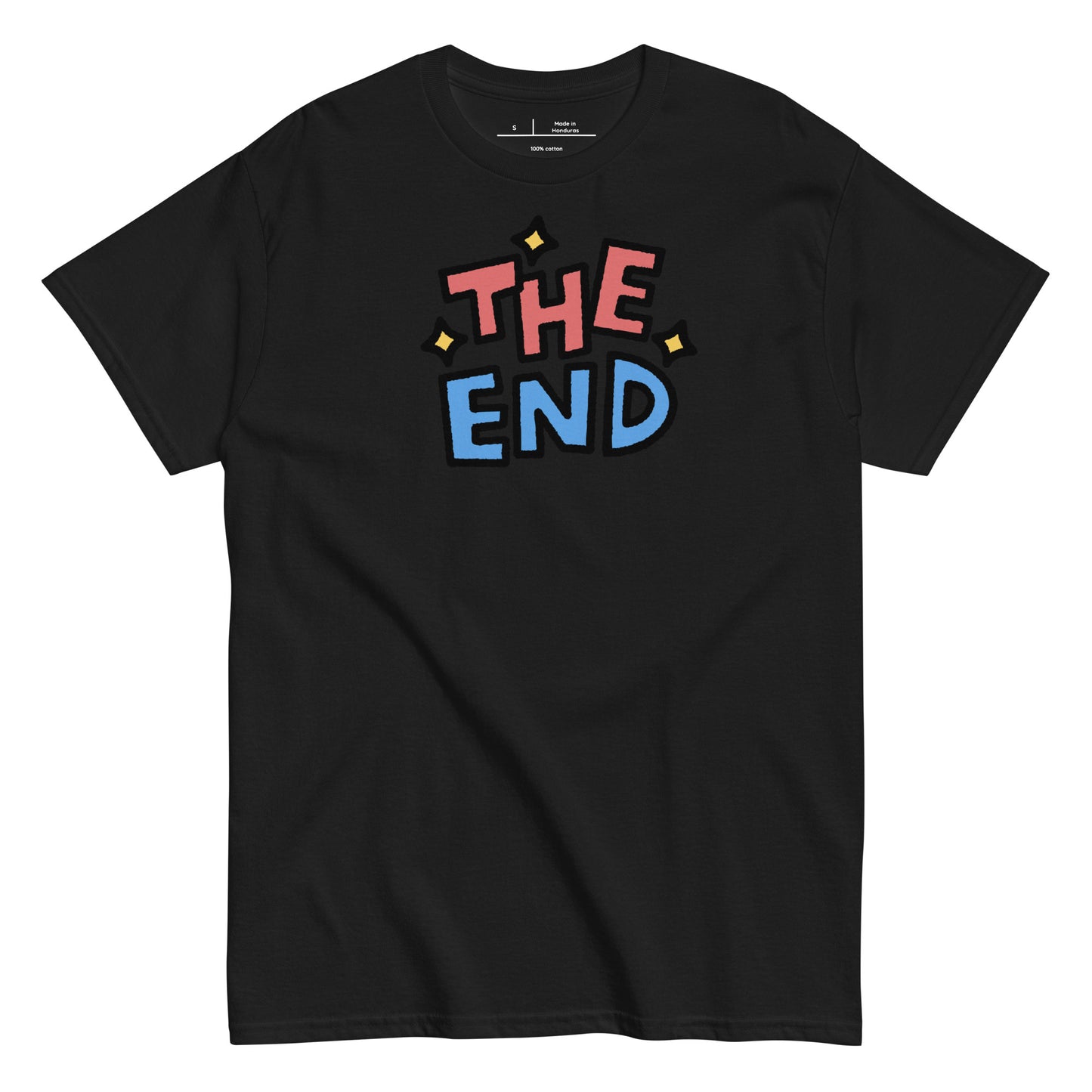 Black t-shirt with 'THE END' text in colorful letters on a white background
