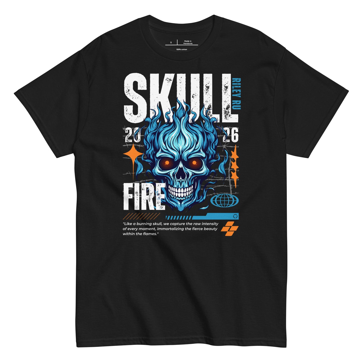 Black t-shirt with blue skull design and text on a white background