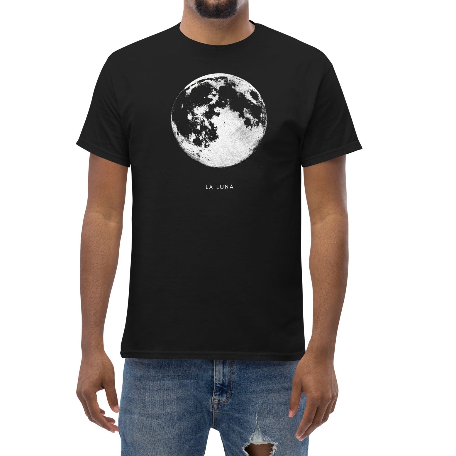 Man wearing a black t-shirt with a moon graphic and 'La Luna' text on a white background