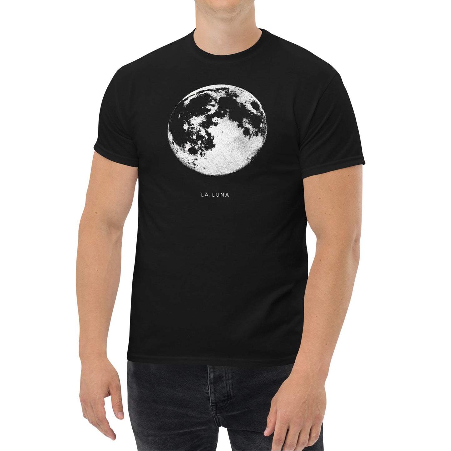 Man wearing a black t-shirt with a moon graphic and 'La Luna' text on a white background