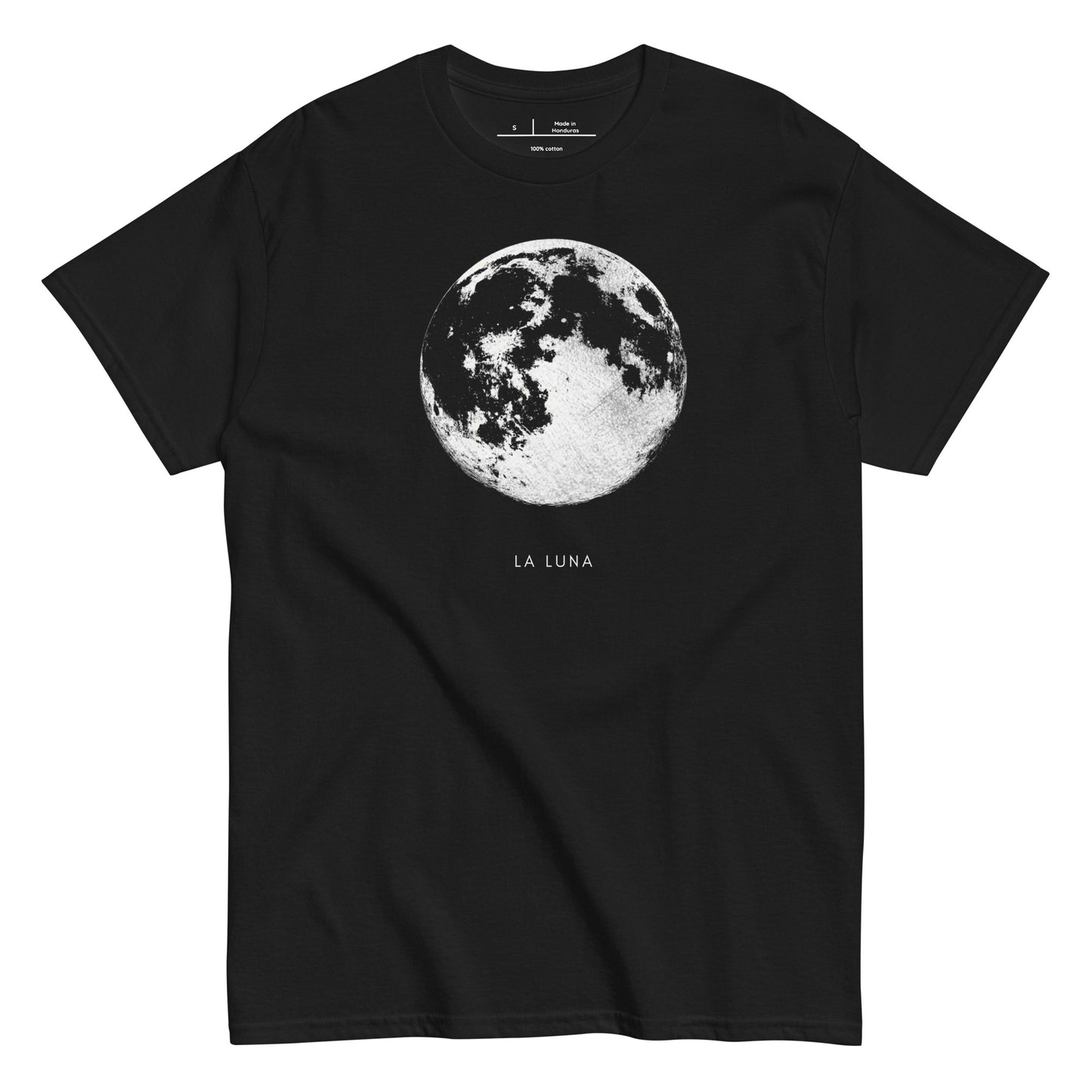 Black t-shirt with moon graphic and 'La Luna' text on a white background