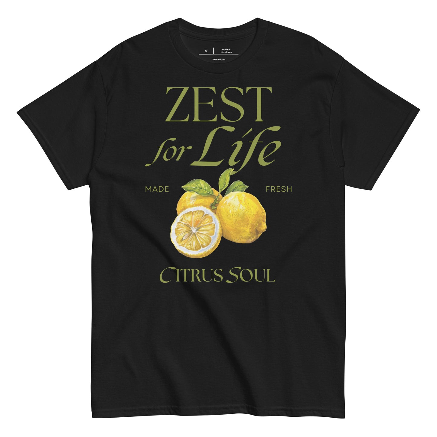 Black t-shirt with lemon graphic and text 'Zest for Life' on a white background
