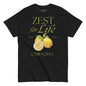 Black t-shirt with lemon graphic and text 'Zest for Life' on a white background