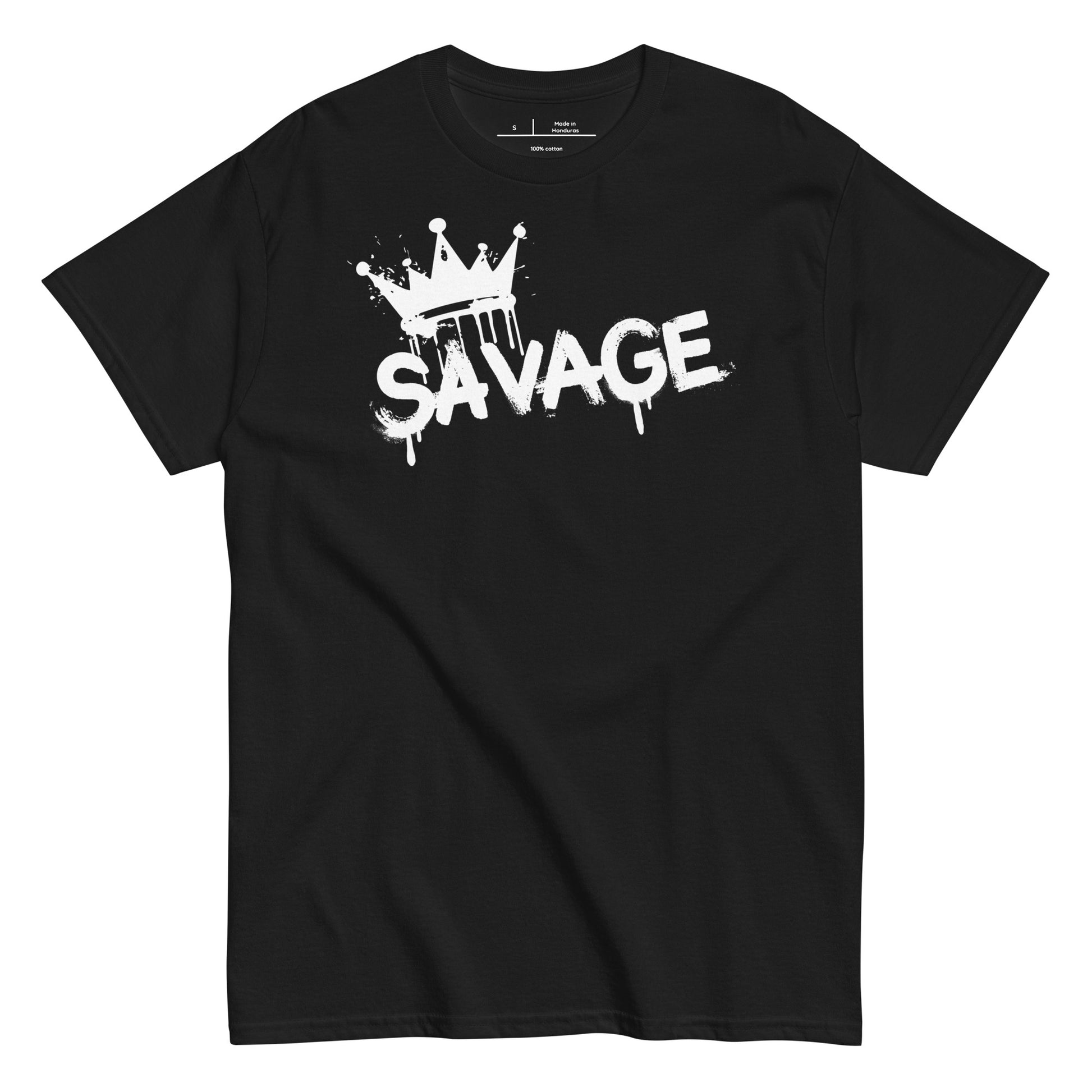 Black t-shirt with 'Savage' graphic design on a white background