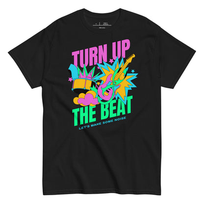 Black t-shirt with colorful graphic and text 'Turn Up The Beat' on a white background