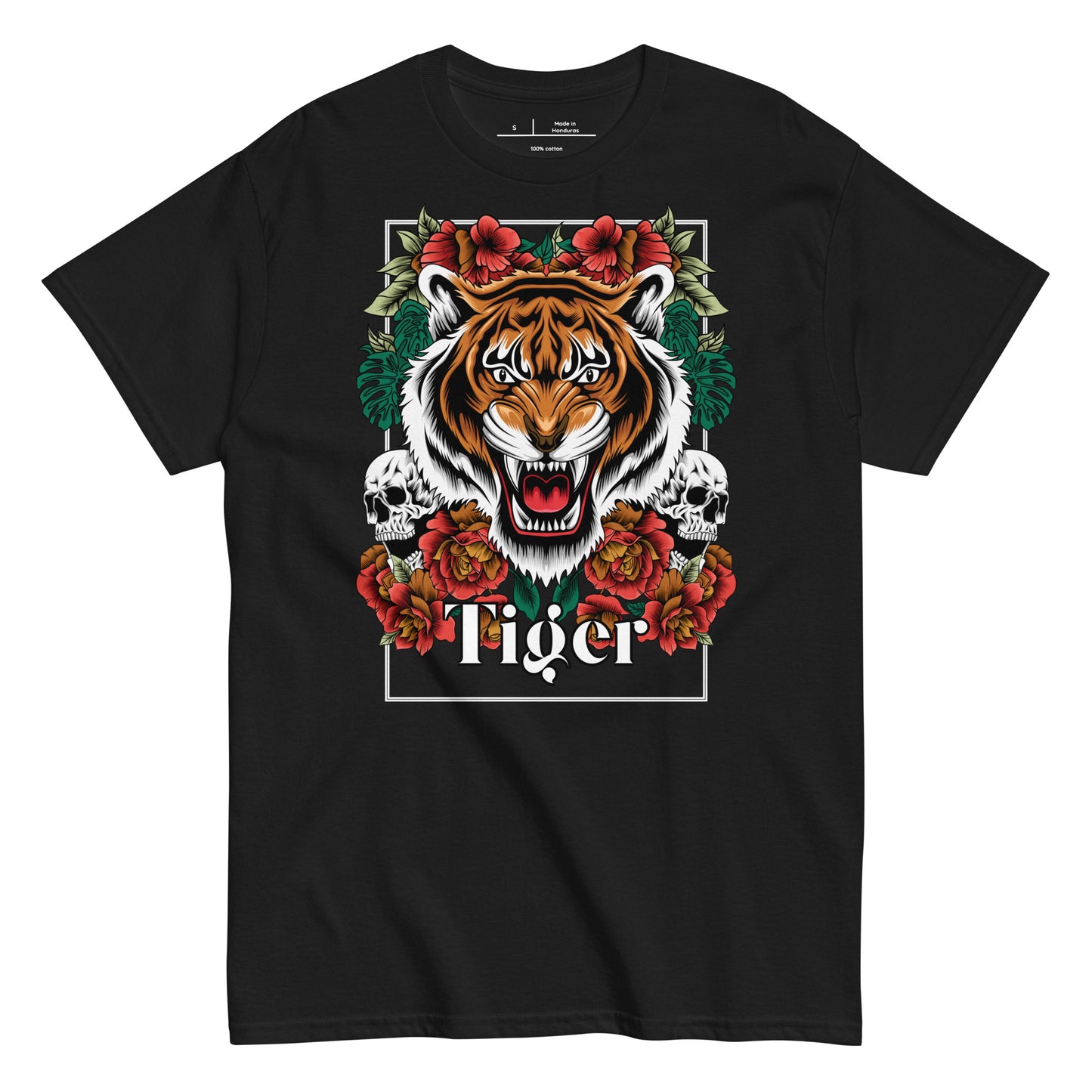 Black t-shirt with a tiger graphic design featuring flowers and skulls on a white background