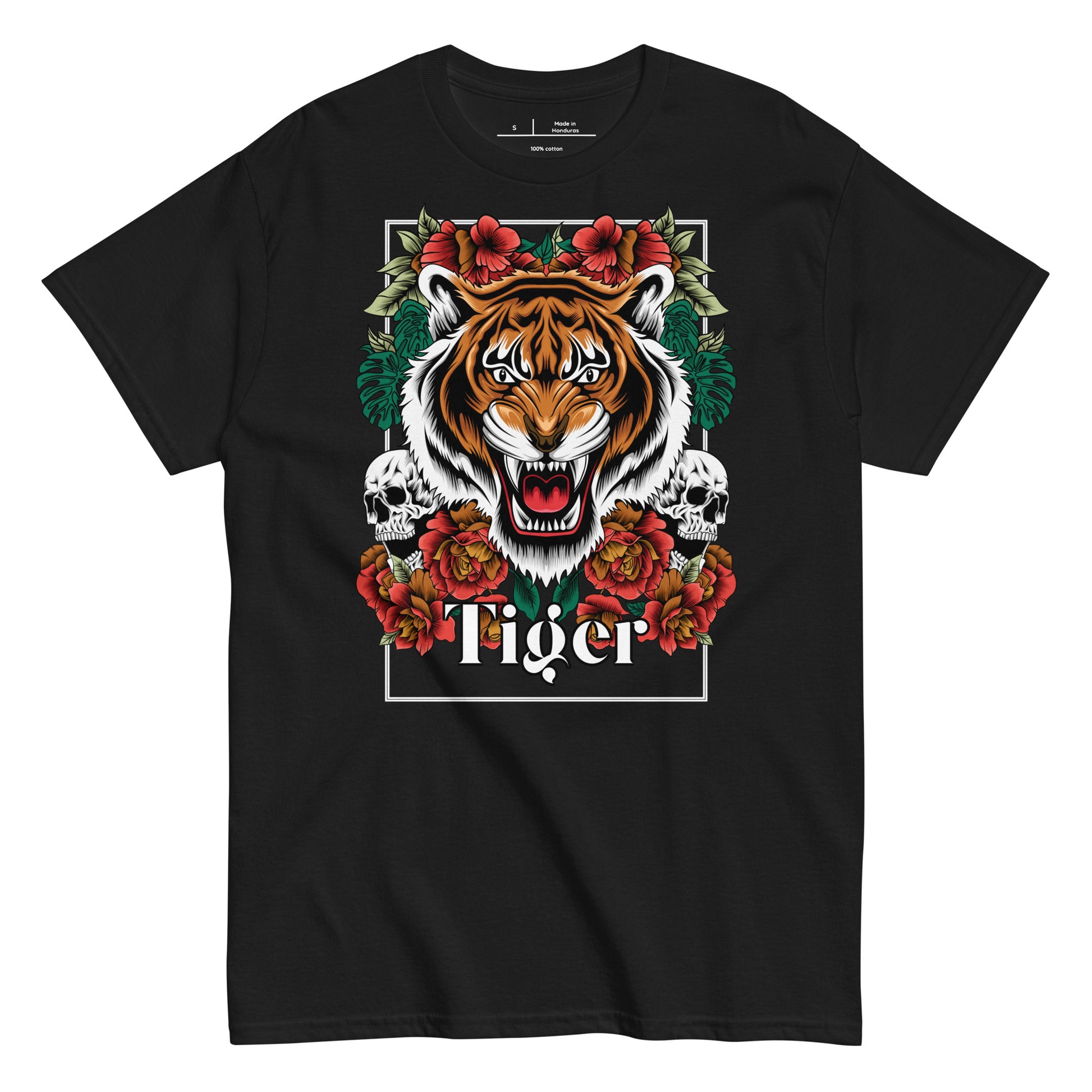 Black t-shirt with a tiger graphic design featuring flowers and skulls on a white background