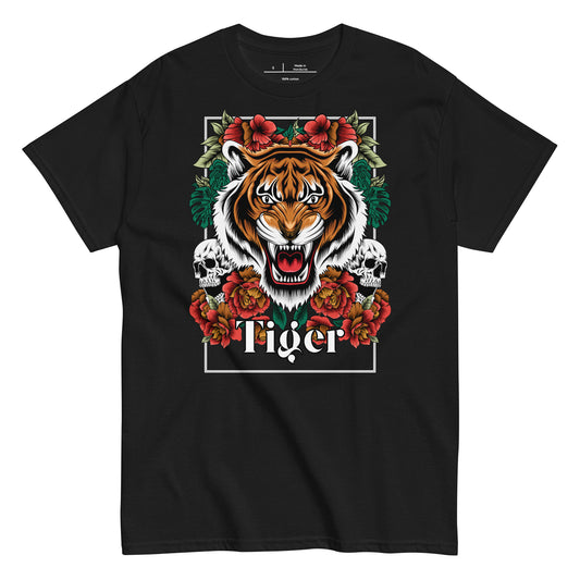 Black t-shirt with a tiger graphic design featuring flowers and skulls on a white background