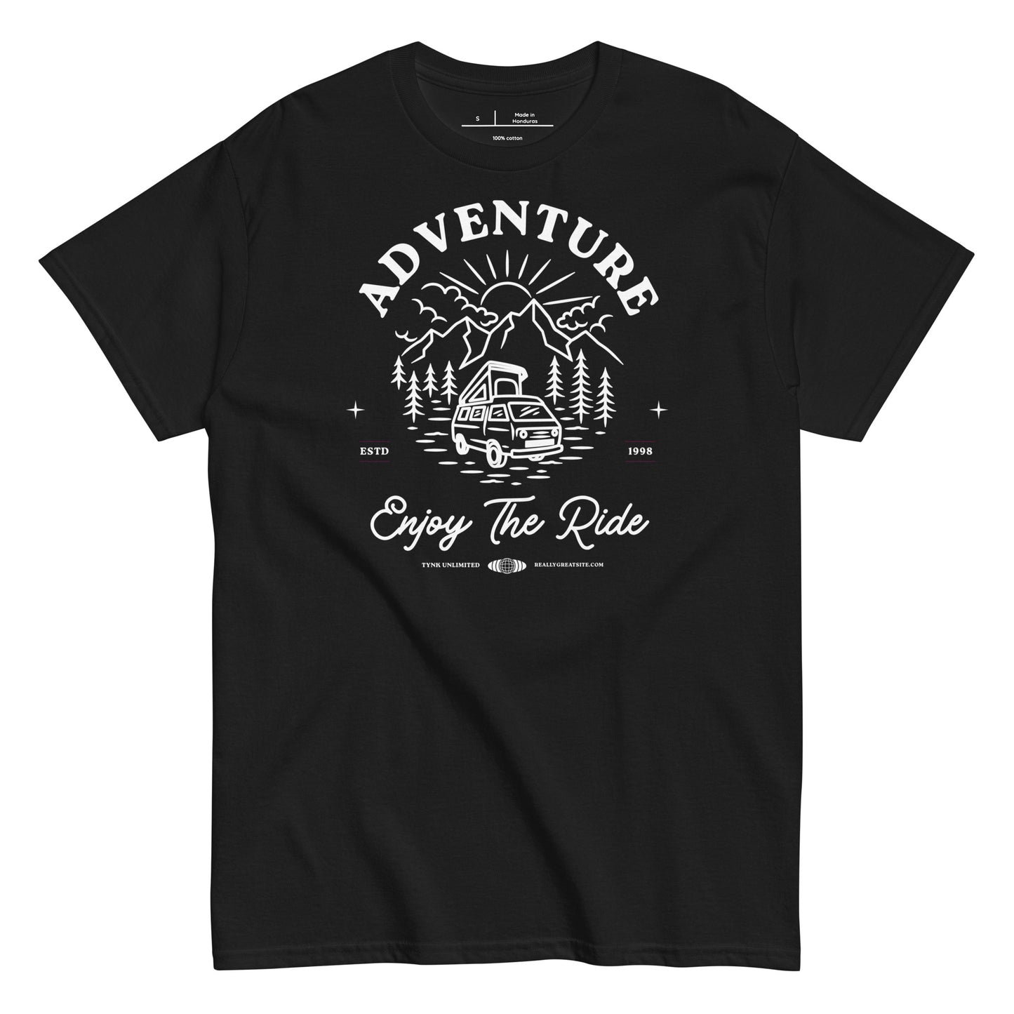 Black t-shirt with white graphic design featuring a van and mountains on a white background