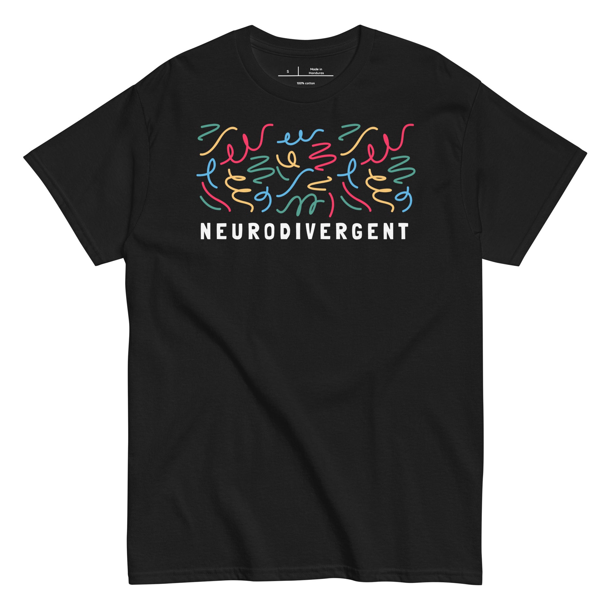Black t-shirt with colorful design and 'NEURODIVERGENT' text on a white background