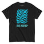 Black t-shirt with blue leaf design and 'Be Kind' text on a white background