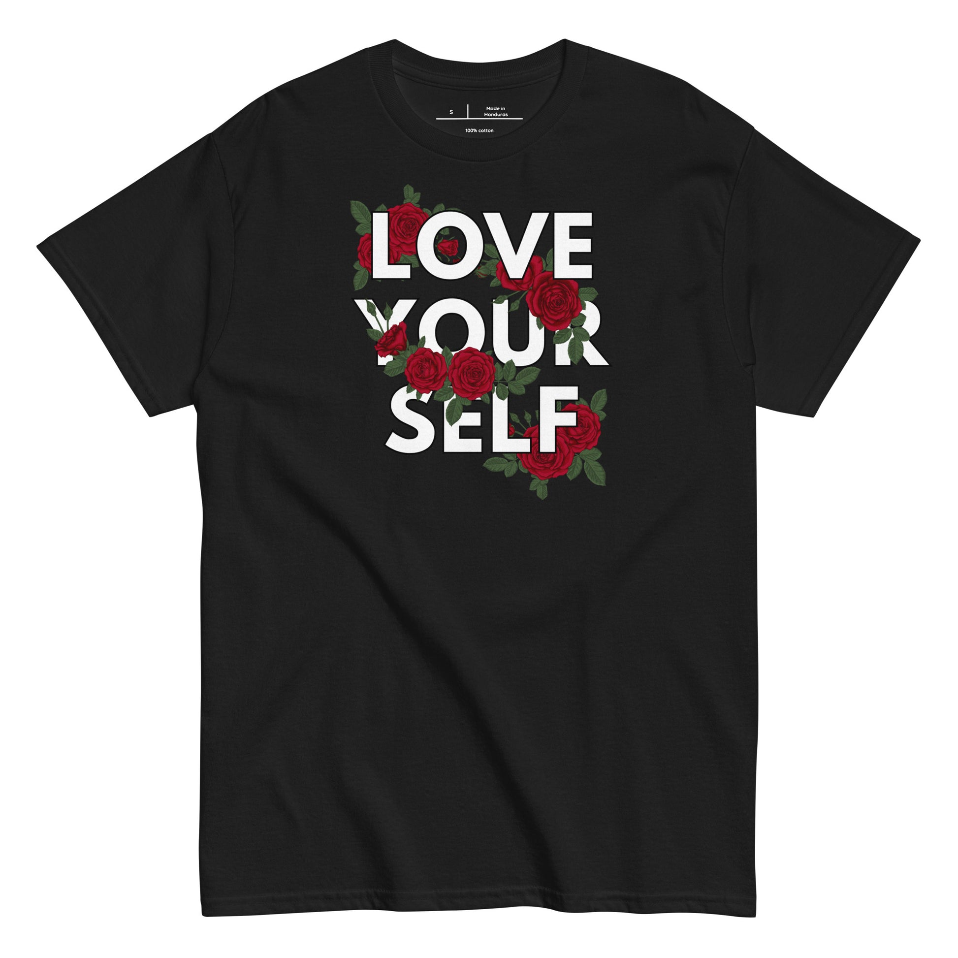 Black t-shirt with 'Love Your Self' text and red roses on a white background