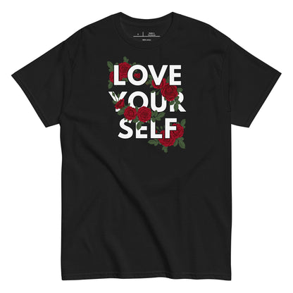 Black t-shirt with 'Love Your Self' text and red roses on a white background