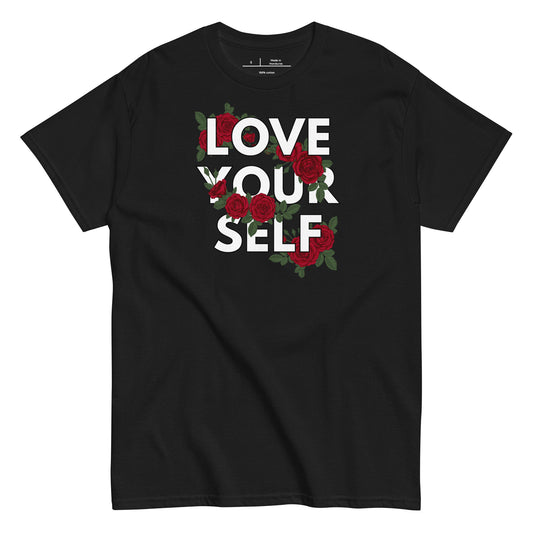 Black t-shirt with 'Love Your Self' text and red roses on a white background