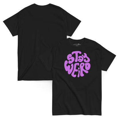 Black t-shirt with 'Stay Weird' in purple on a white background