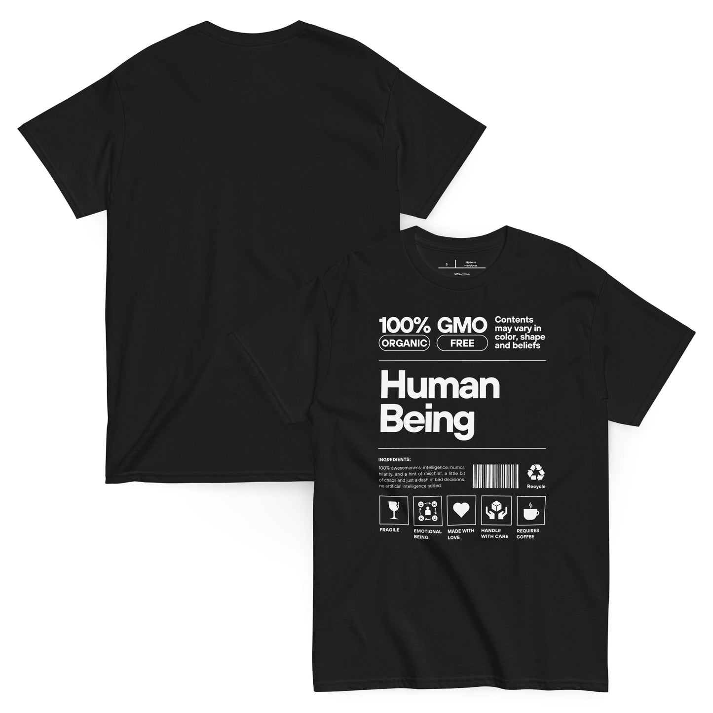 Black t-shirt with white text and graphics on a white background