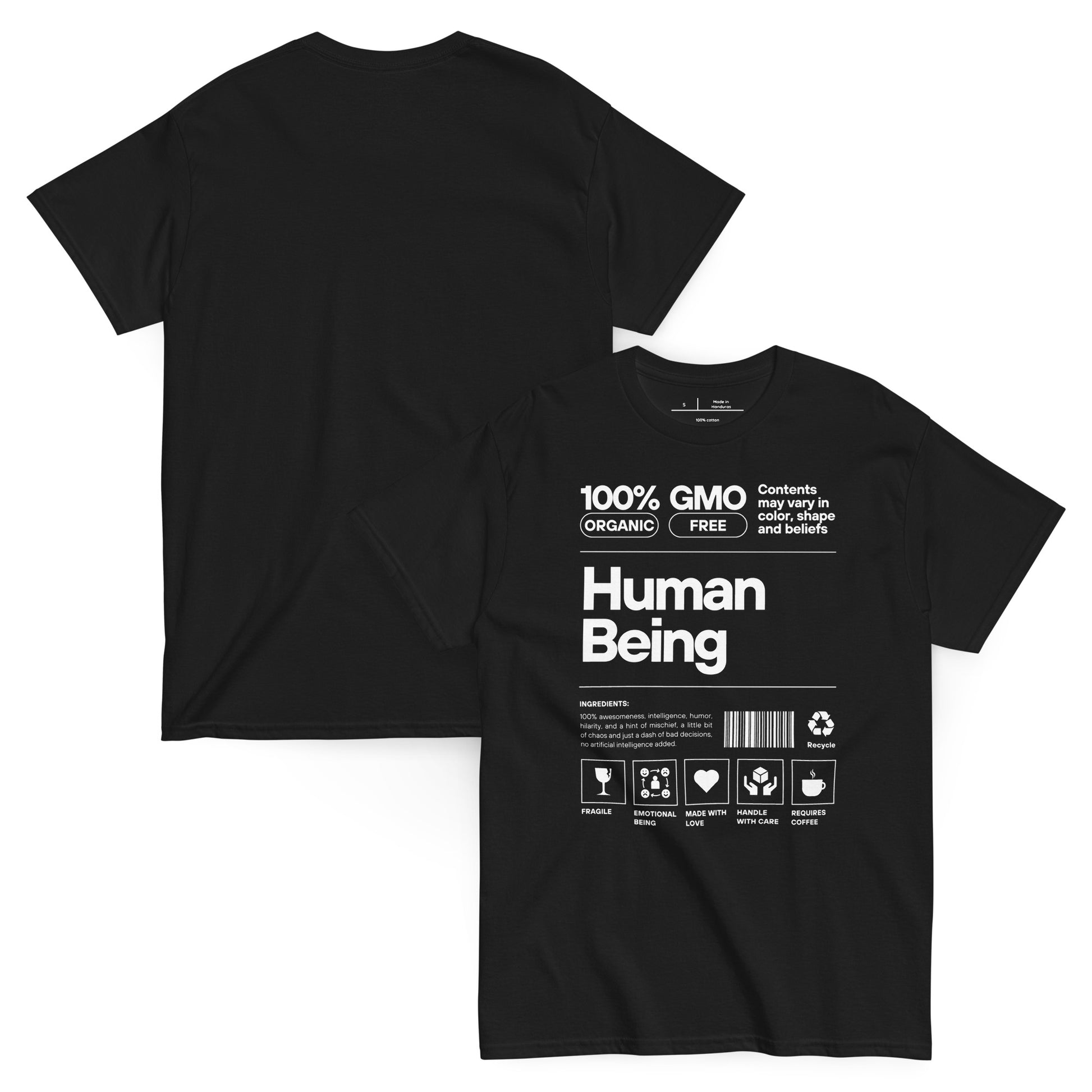 Black t-shirt with white text and graphics on a white background