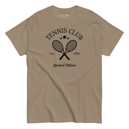 Beige t-shirt with tennis club graphic and text on a white background