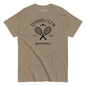 Beige t-shirt with tennis club graphic and text on a white background
