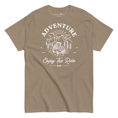 Brown t-shirt with white graphic and text 'Adventure Enjoy The Ride' on a white background