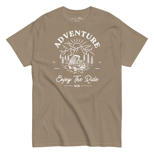 Brown t-shirt with white graphic and text 'Adventure Enjoy The Ride' on a white background