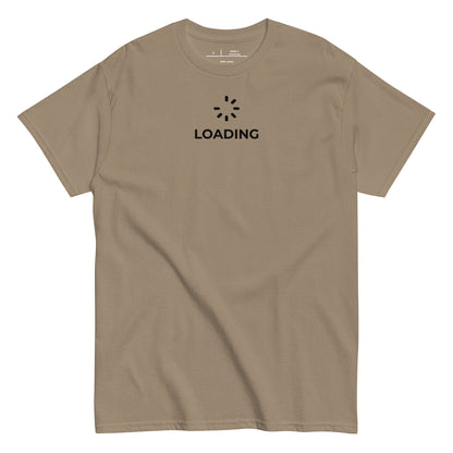 Beige t-shirt with blue text on a white background