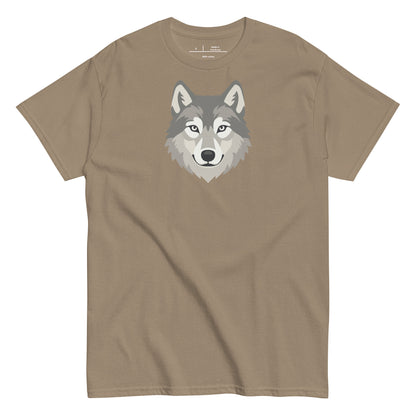 Brown t-shirt with a wolf graphic on a white background