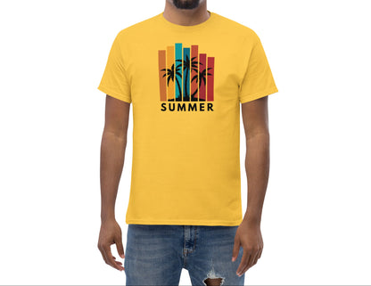 Man wearing a yellow t-shirt with a 'Summer' design on a white background